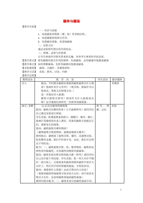 九年级物理下册 16.1 磁体与磁场教案 (新版)苏科版