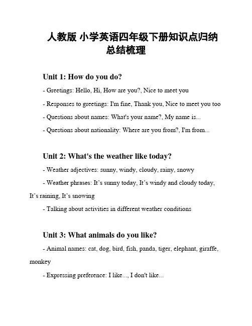 人教版 小学英语四年级下册知识点归纳总结梳理