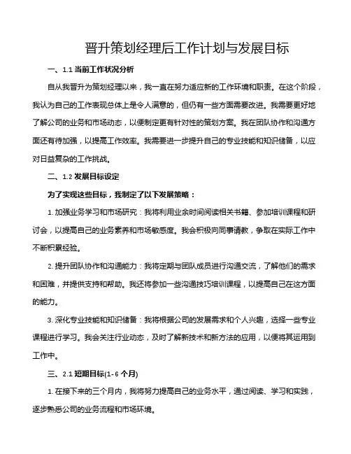 晋升策划经理后工作计划与发展目标