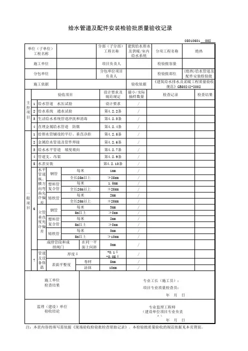 (绝热)给水管道及配件安装检验批质量验收记录