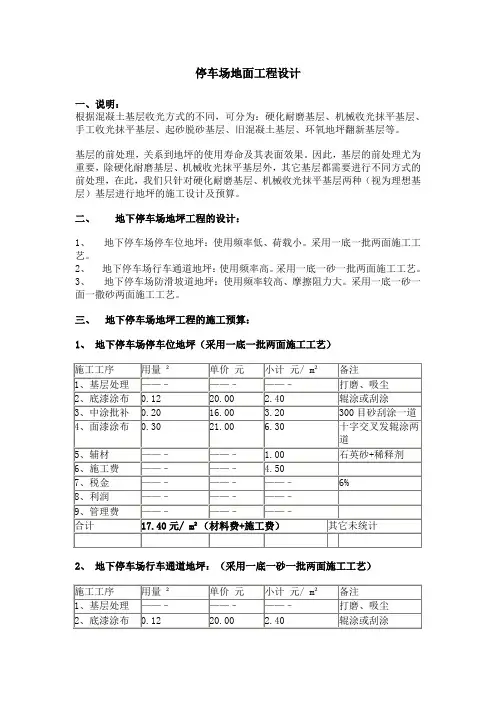 停车场地面工程施工设计预算表