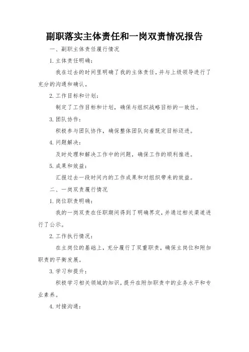 副职落实主体责任和一岗双责情况报告