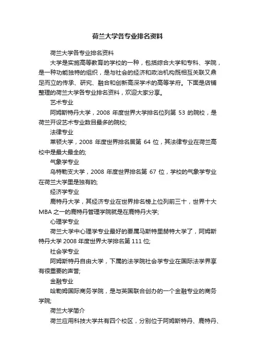 荷兰大学各专业排名资料