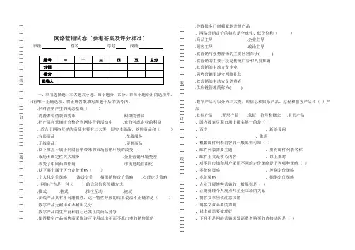 网络营销试卷(参考答案及评分标准)