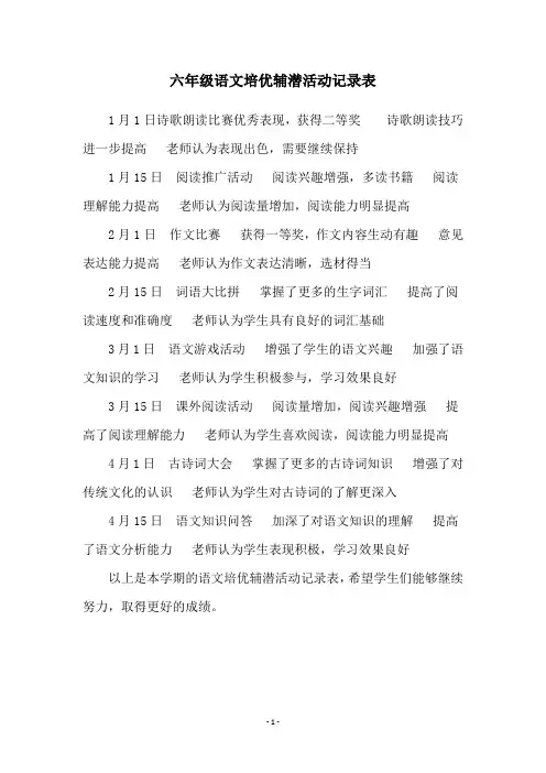 六年级语文培优辅潜活动记录表