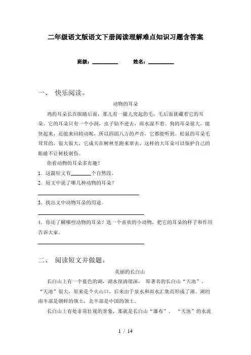 二年级语文版语文下册阅读理解难点知识习题含答案