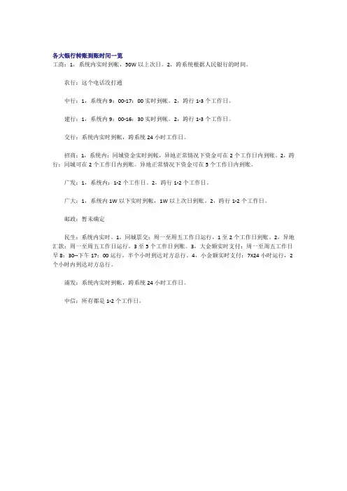 各大银行转账到账时间一览