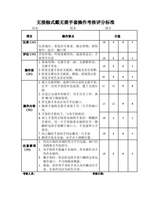 无接触式戴无菌手套操作考核评分标准