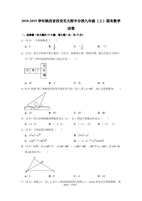 2018-2019学年陕西省西安交大附中分校九年级(上)期末数学试卷