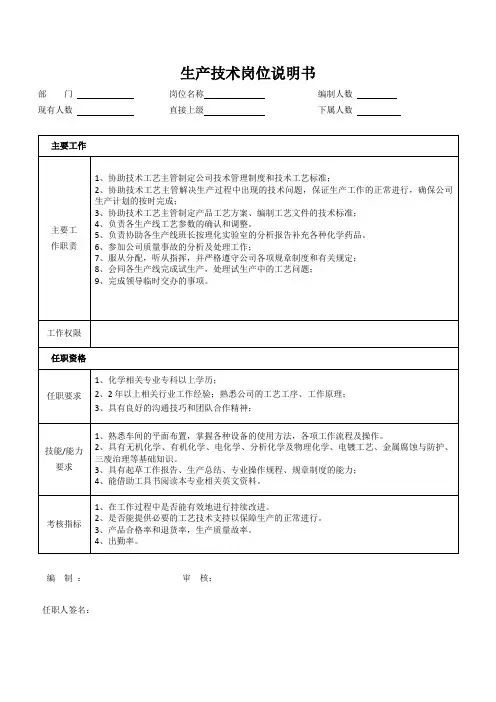 生产技术岗位说明书