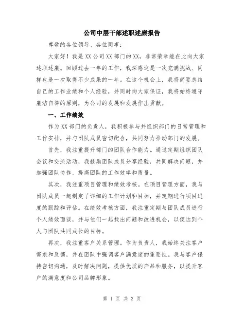 公司中层干部述职述廉报告