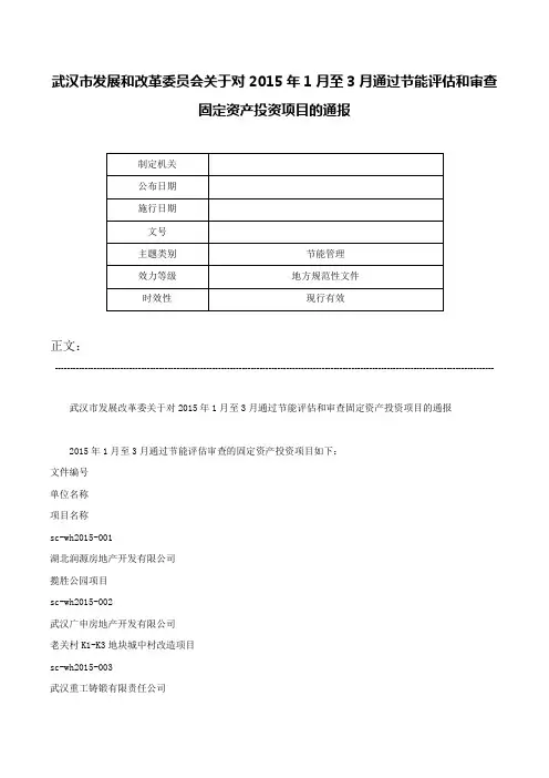 武汉市发展和改革委员会关于对2015年1月至3月通过节能评估和审查固定资产投资项目的通报-
