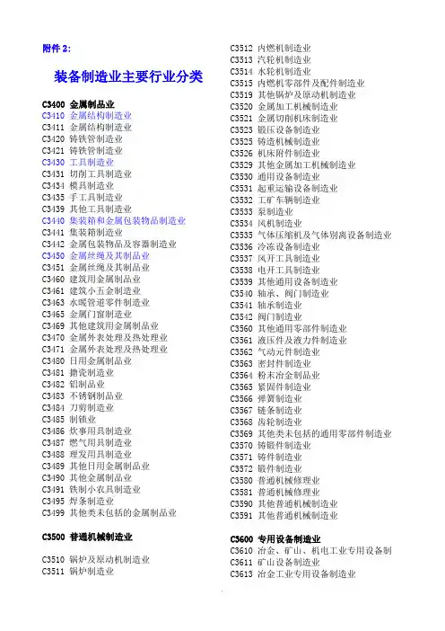 装备制造业主要行业分类 