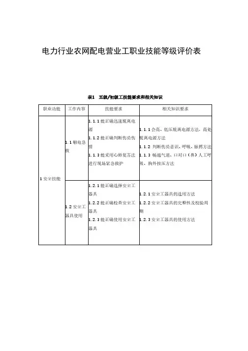 电力行业农网配电营业工职业技能等级评价表