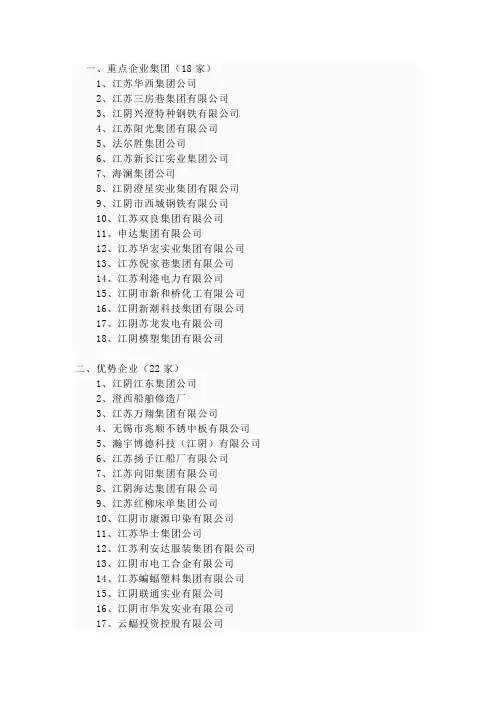 江苏重点企业和优势企业名单