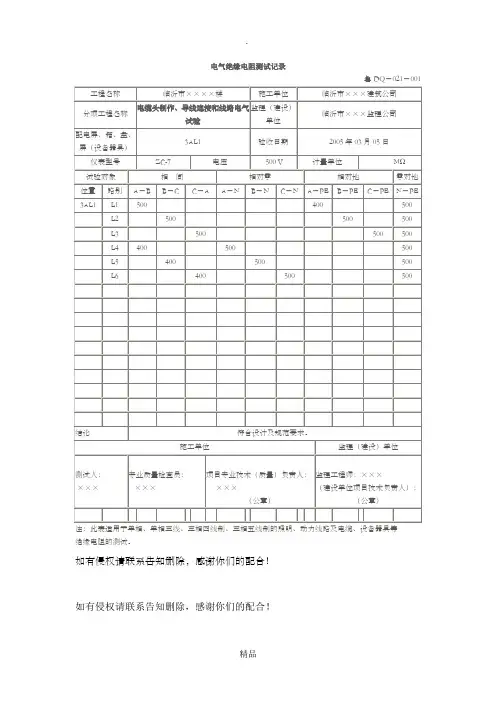 电气绝缘电阻测试记录范例-电器绝缘电阻测试