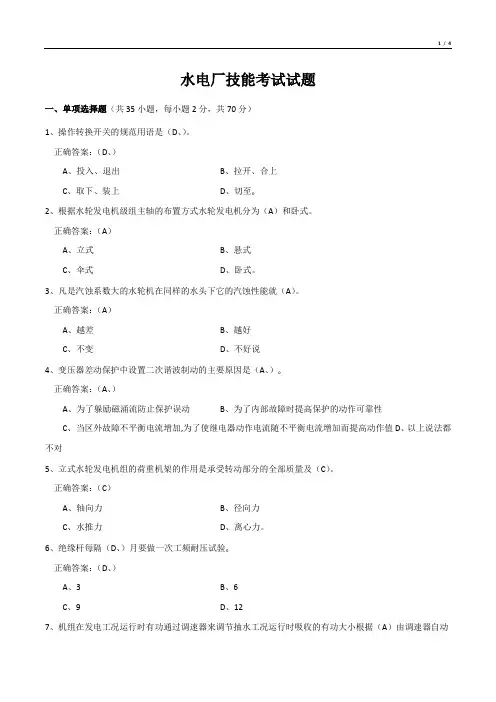 水电厂技能考试试题
