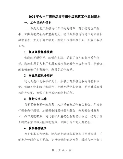 2024年火电厂集控运行申报中级职称工作总结范本