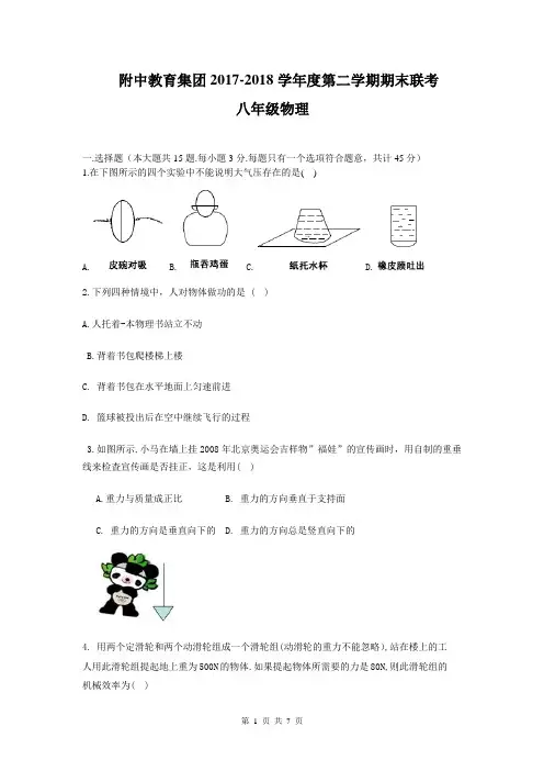 湖南省长沙市师大附中(广益实验中学)2017-2018学年八年级第二学期期末考试物理试卷(无答案)