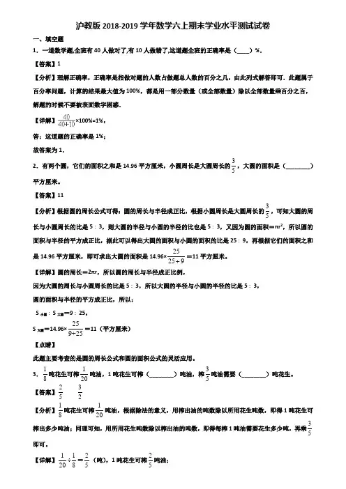 沪教版2018-2019学年数学六上期末学业水平测试试卷含解析