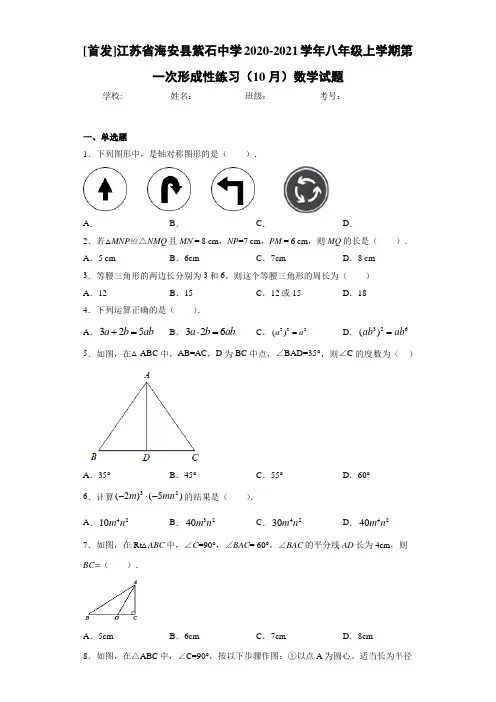 2020-2021学年八年级上学期第一次形成性练习(10月)数学试题