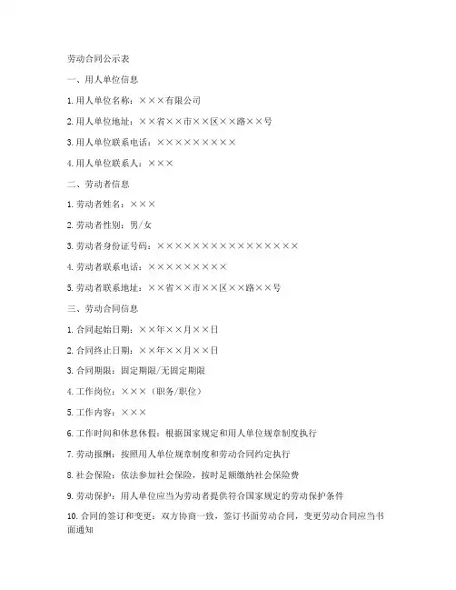 劳动合同公示表