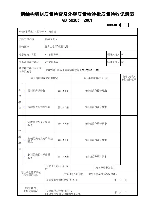01 16钢结构钢材质量检查及外观质量检验批质量验收记录表GD24020316