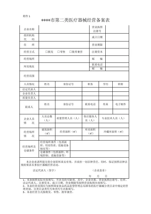 第二类医疗器械经营备案表