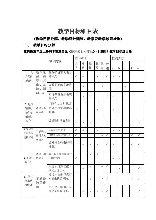 教科版五年级科学上册第三单元教学目标细目表