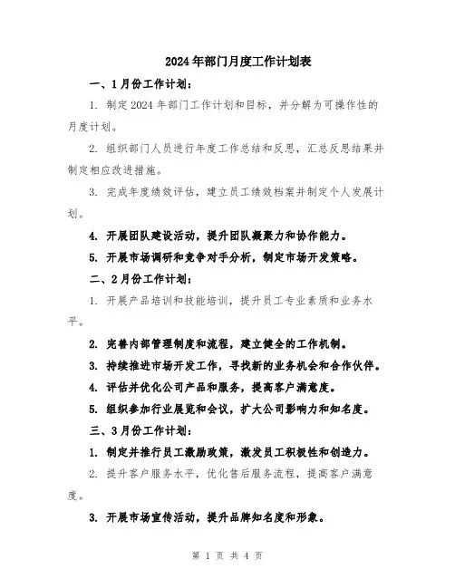 2024年部门月度工作计划表