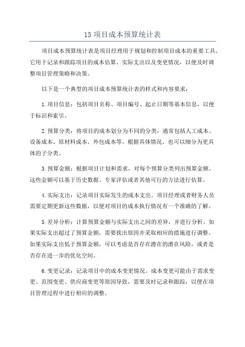 15项目成本预算统计表