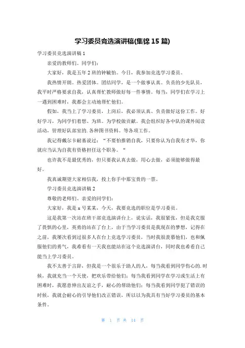 学习委员竞选演讲稿(集锦15篇)
