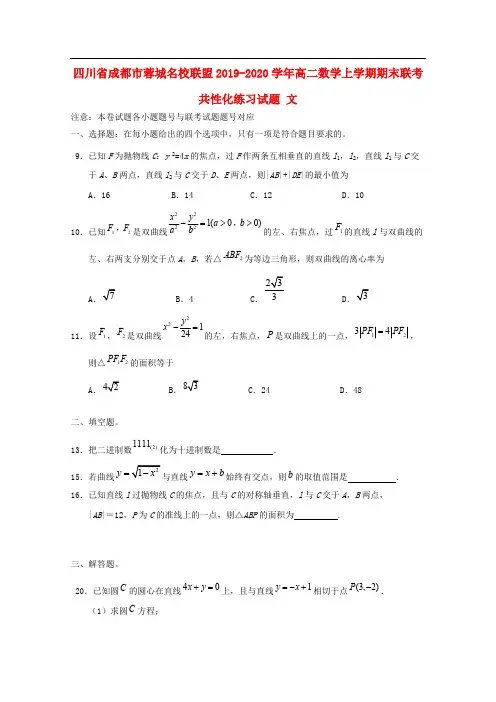 四川省成都市蓉城名校联盟2019-2020学年高二数学上学期期末联考共性化练习试题文