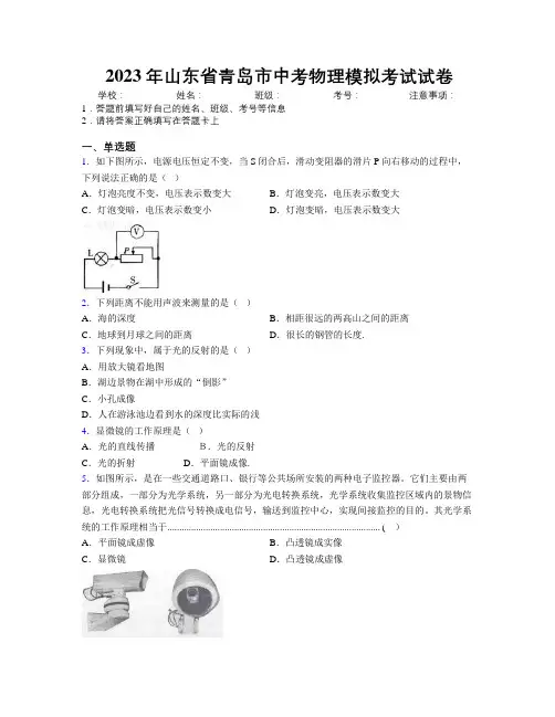 2023年山东省青岛市中考物理模拟考试试卷及解析