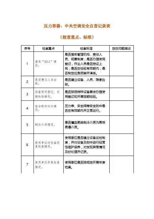 压力容器、中央空调安全自查记录表(检查重点、标准)