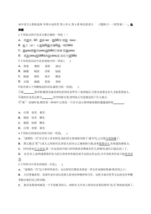高中语文人教版选修 外国小说欣赏 第1单元 第1课 桥边的老人     习题练习一(附答案)