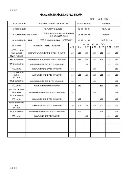 电线绝缘电阻测试记录簿