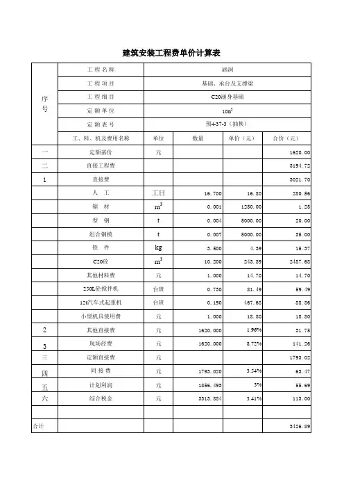 分项工程预算单价表