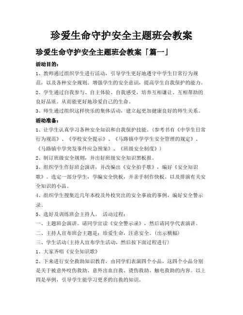 珍爱生命守护安全主题班会教案