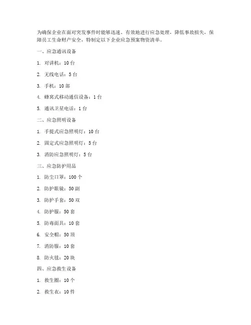 企业应急预案物资清单
