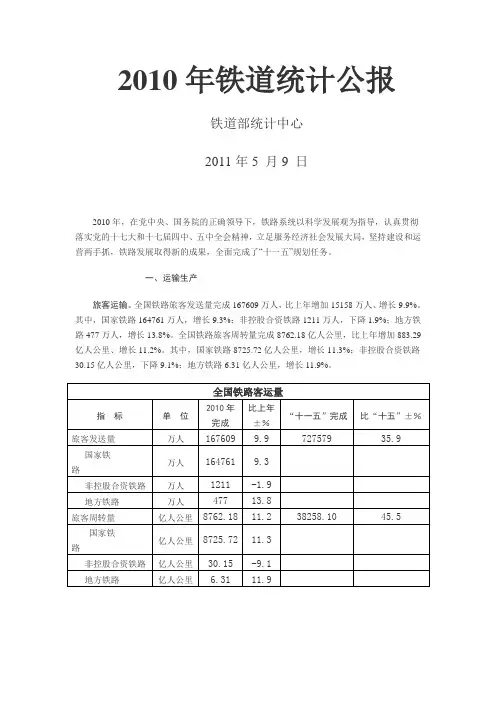 铁道部2010年铁道统计公报