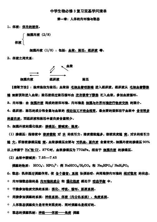 高中生物必修三基础知识清单