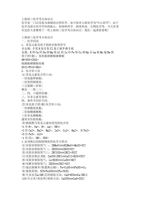 上海初三化学考点知识点