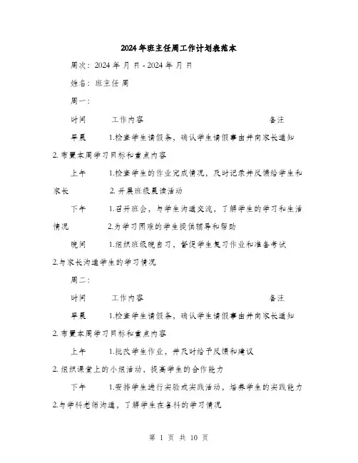 2024年班主任周工作计划表范本（4篇）