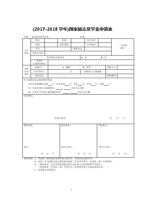 2017-2018学年国家励志奖学金申请表