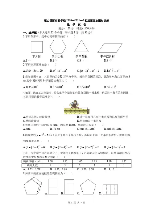 麓山国际实验学校2020-2021学年度九年级下学期第五次限时检测数学试卷(原卷)