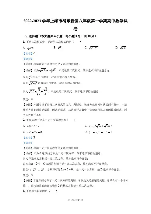 上海市浦东新区2022-2023学年八年级上学期期中数学试卷 (解析版)