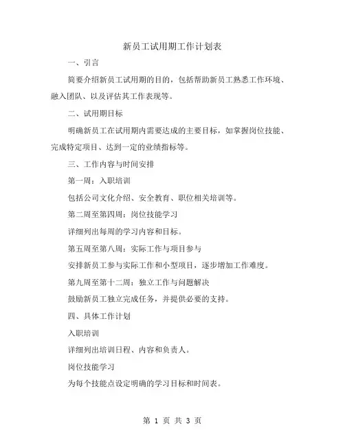 新员工试用期工作计划表