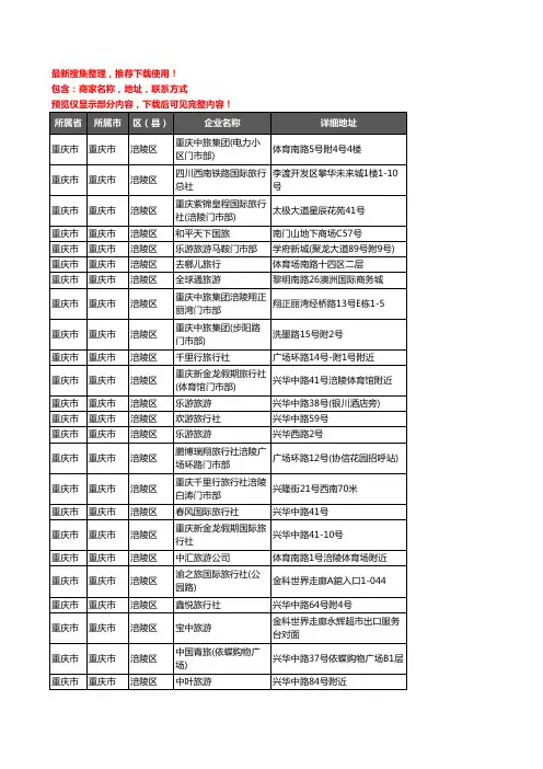 新版重庆市重庆市涪陵区旅行社企业公司商家户名录单联系方式地址大全39家
