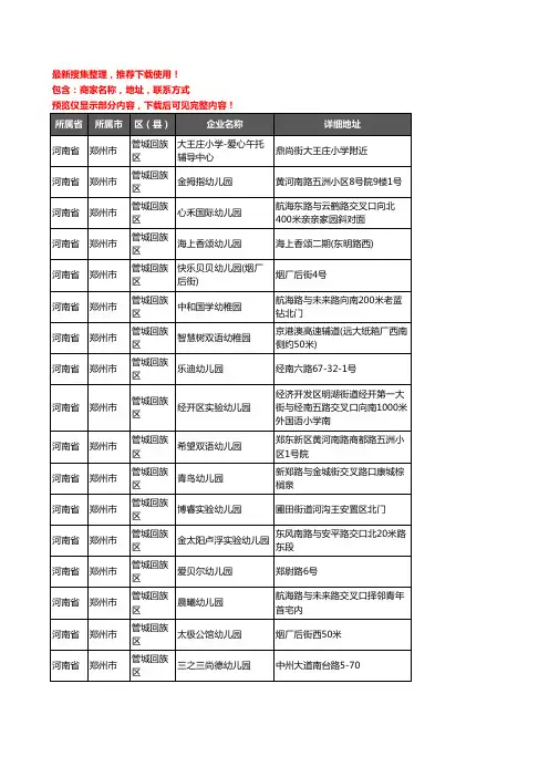 新版河南省郑州市管城回族区幼儿园企业公司商家户名录单联系方式地址大全426家